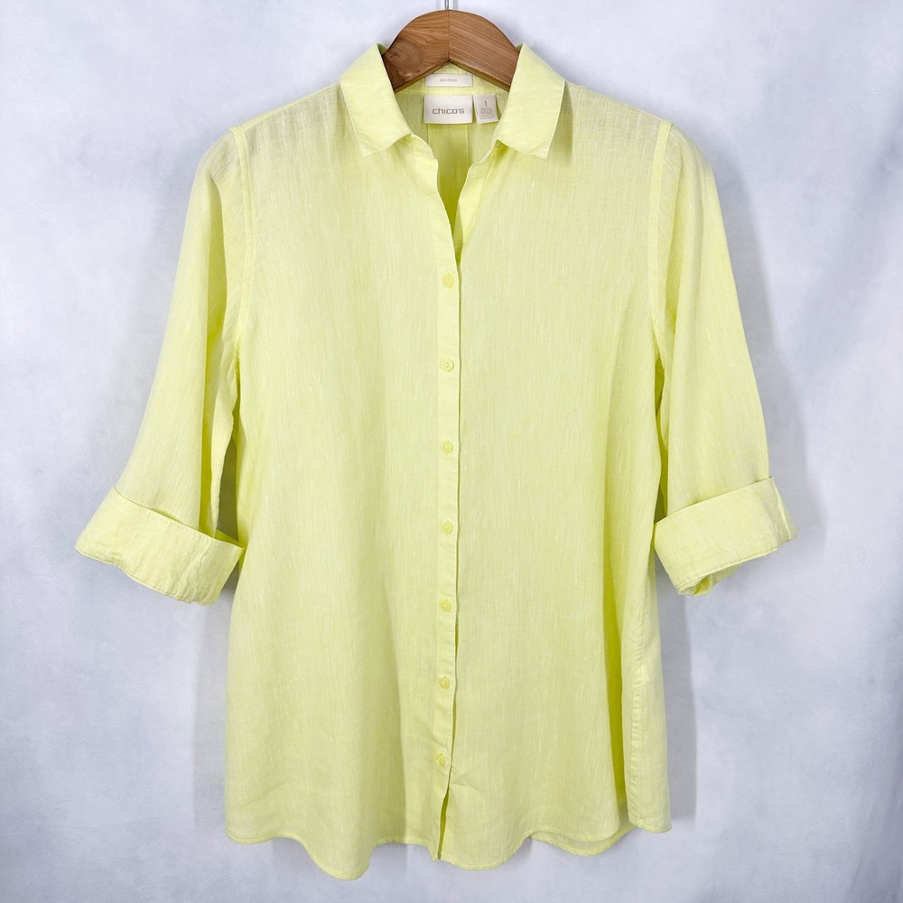 Chico's Size 1 100% Linen 3/4 Sleeve Yellow‎ Button Down Shirt Women's Size 8